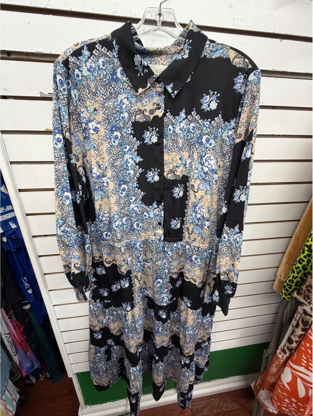 Destination 365 Floral Paisley Tiered Shirt Dress XLP Blue Black Tan